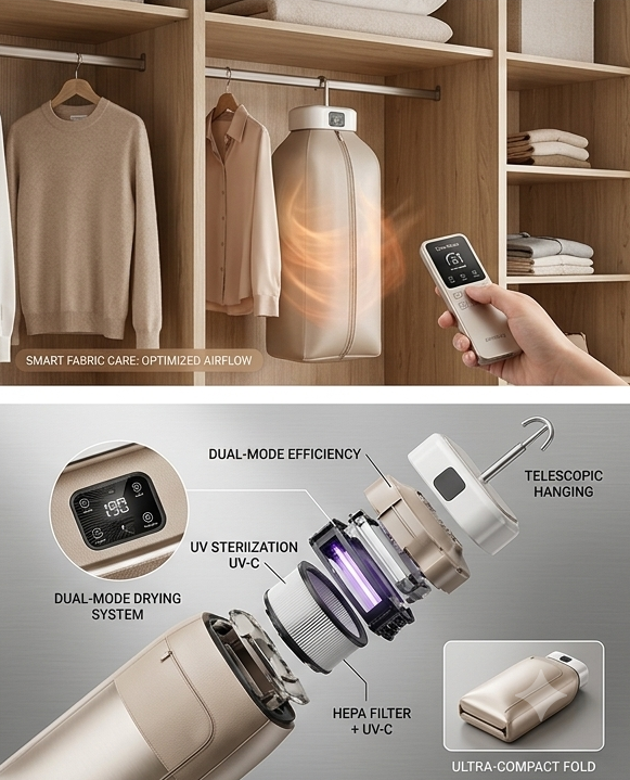 OmniDry™ Portable Smart Clothes Dryer – UV Sterilizing & HEPA Filter Travel Garment Care System