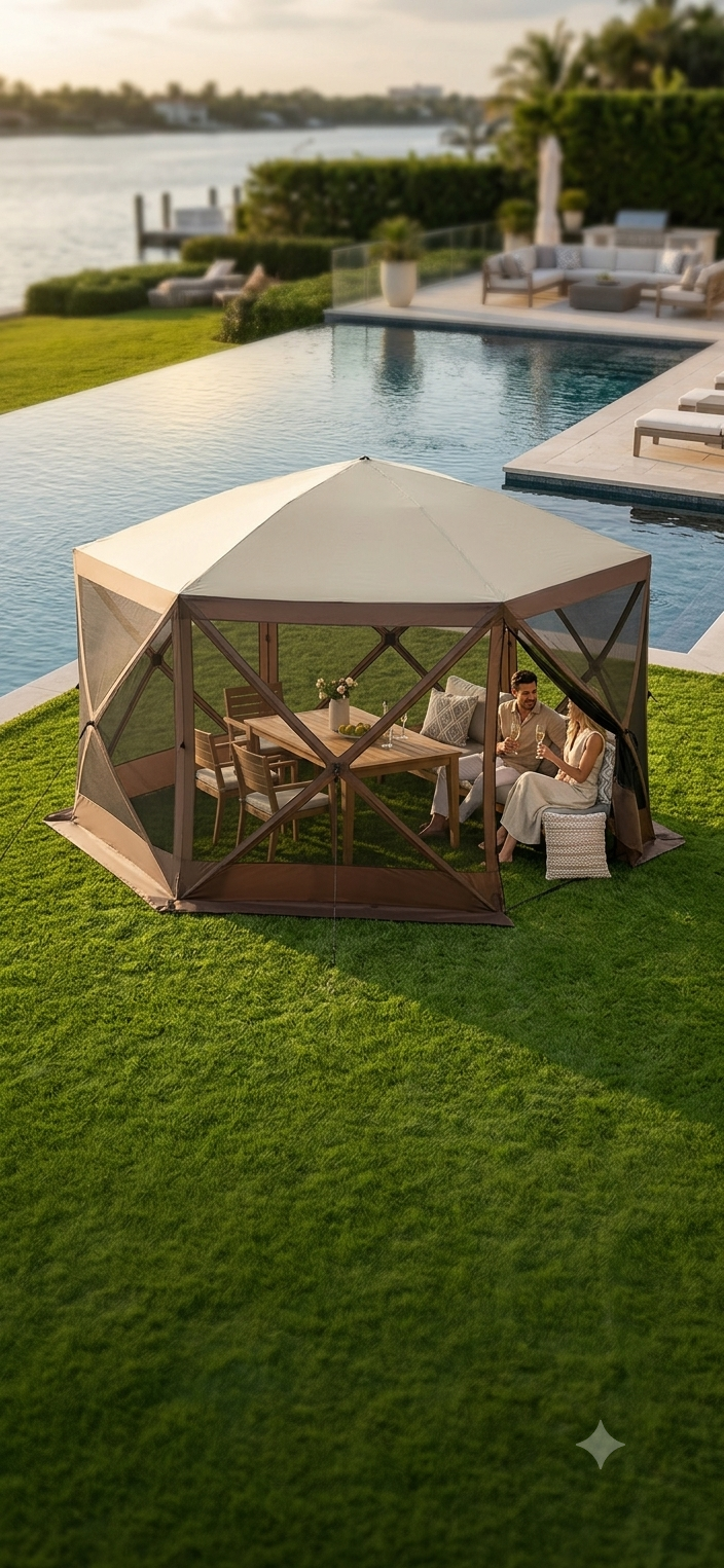 VEVOR 10x10 Pop-Up Canopy Screen Tent | 6-Sided Camping Gazebo 8-Person | Waterproof Mesh Screen House Shelter with Portable Storage Bag & Stakes, Brown/Beige